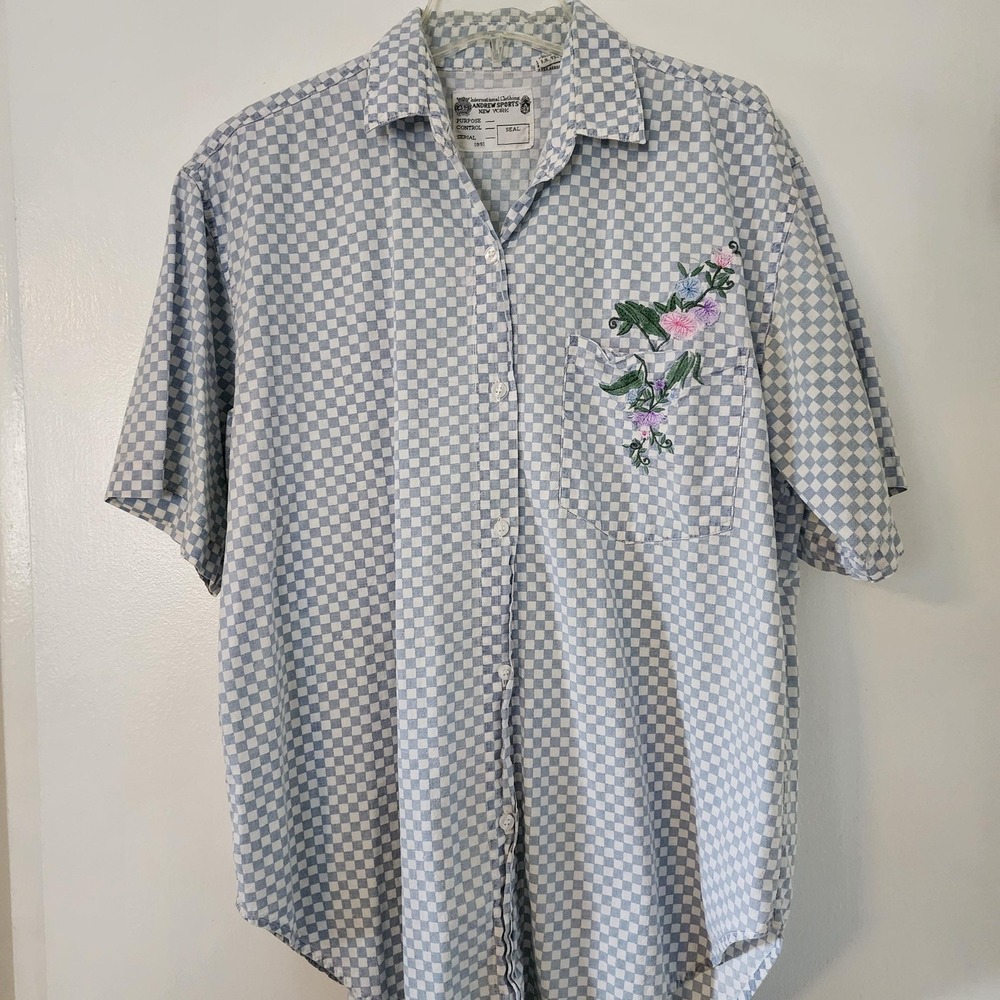 Andrew‎ Sports New York Floral Embroidered Blue Checkered Cotton Button Up Top M